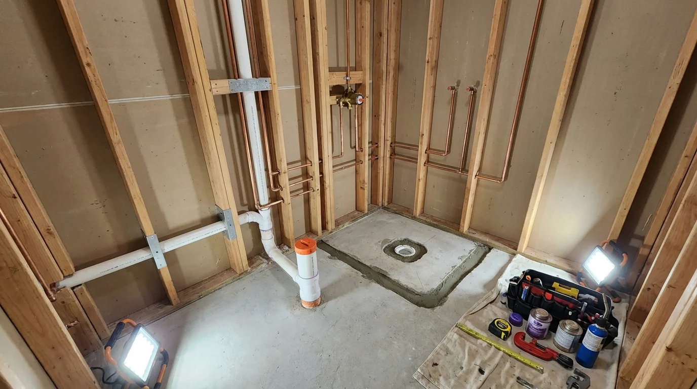 Bathroom rough-in plumbing during remodel by Johns Plumbing LLC in Mount Ida