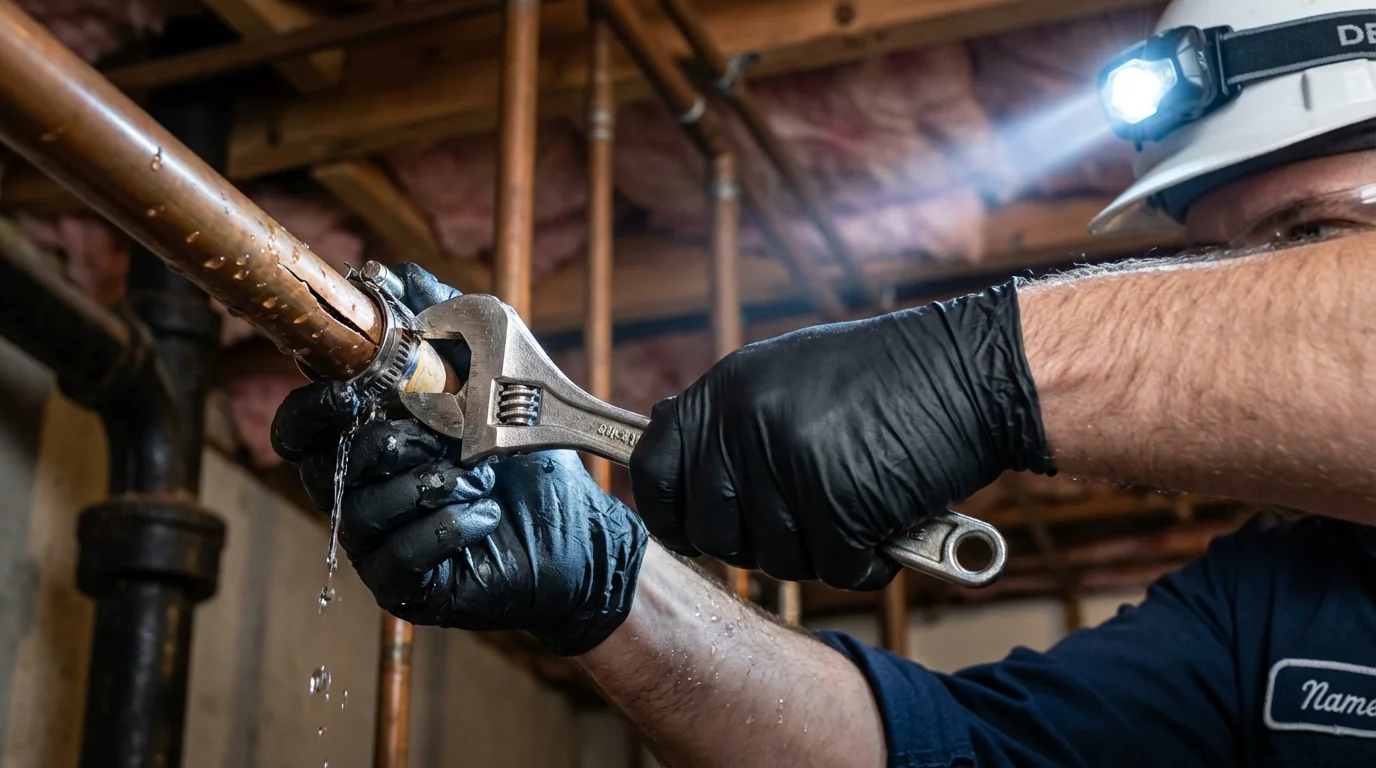Emergency pipe clamp repair being performed by a Johns Plumbing LLC plumber in Mount Ida