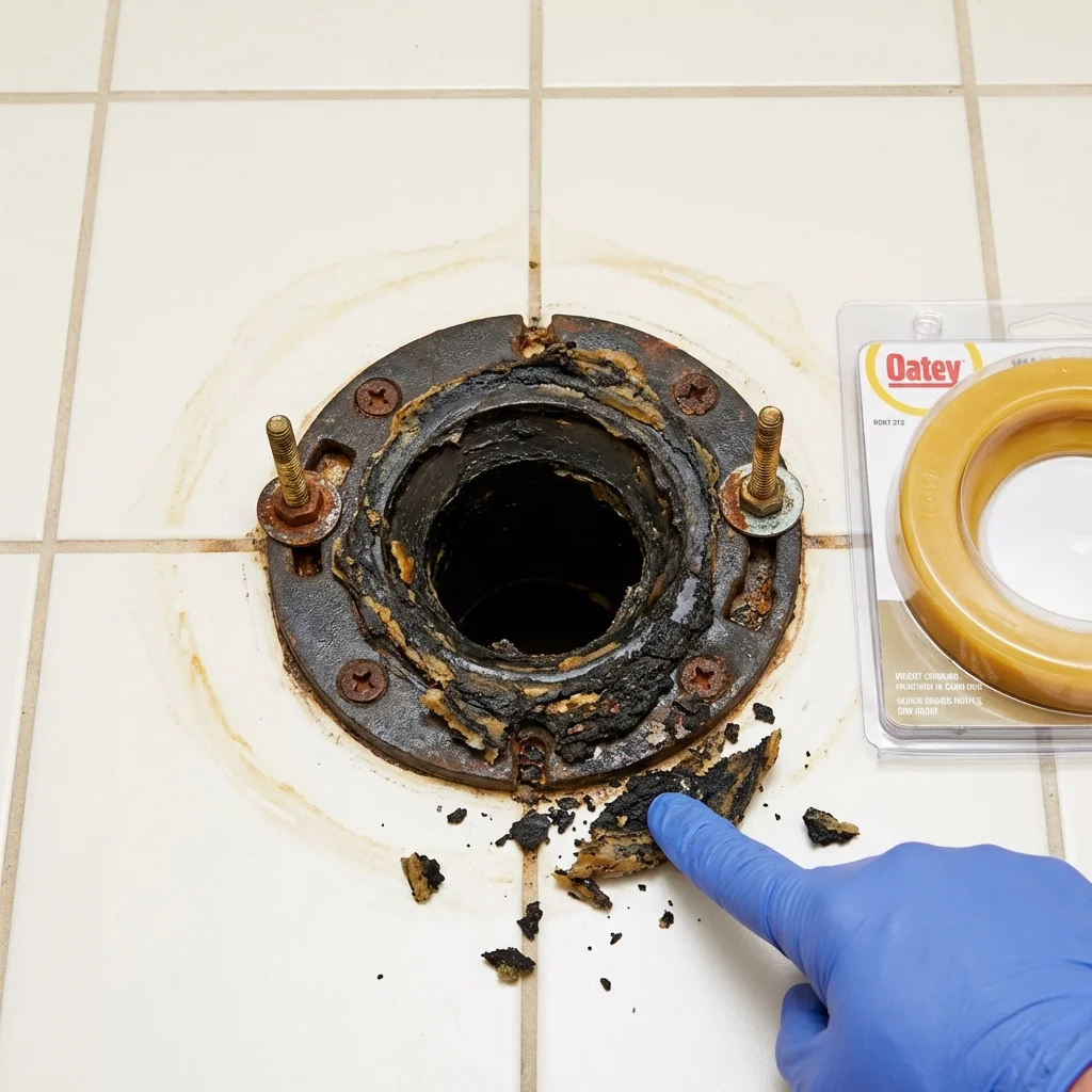 Failed wax ring showing water seepage at the base of a toilet in a Mount Ida, AR home