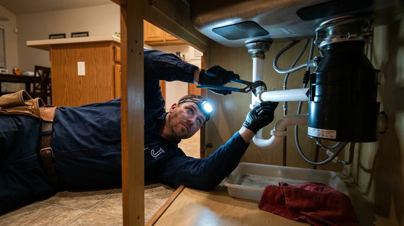 P-trap and supply line connections under a kitchen sink showing a common leak point in Mount Ida, AR